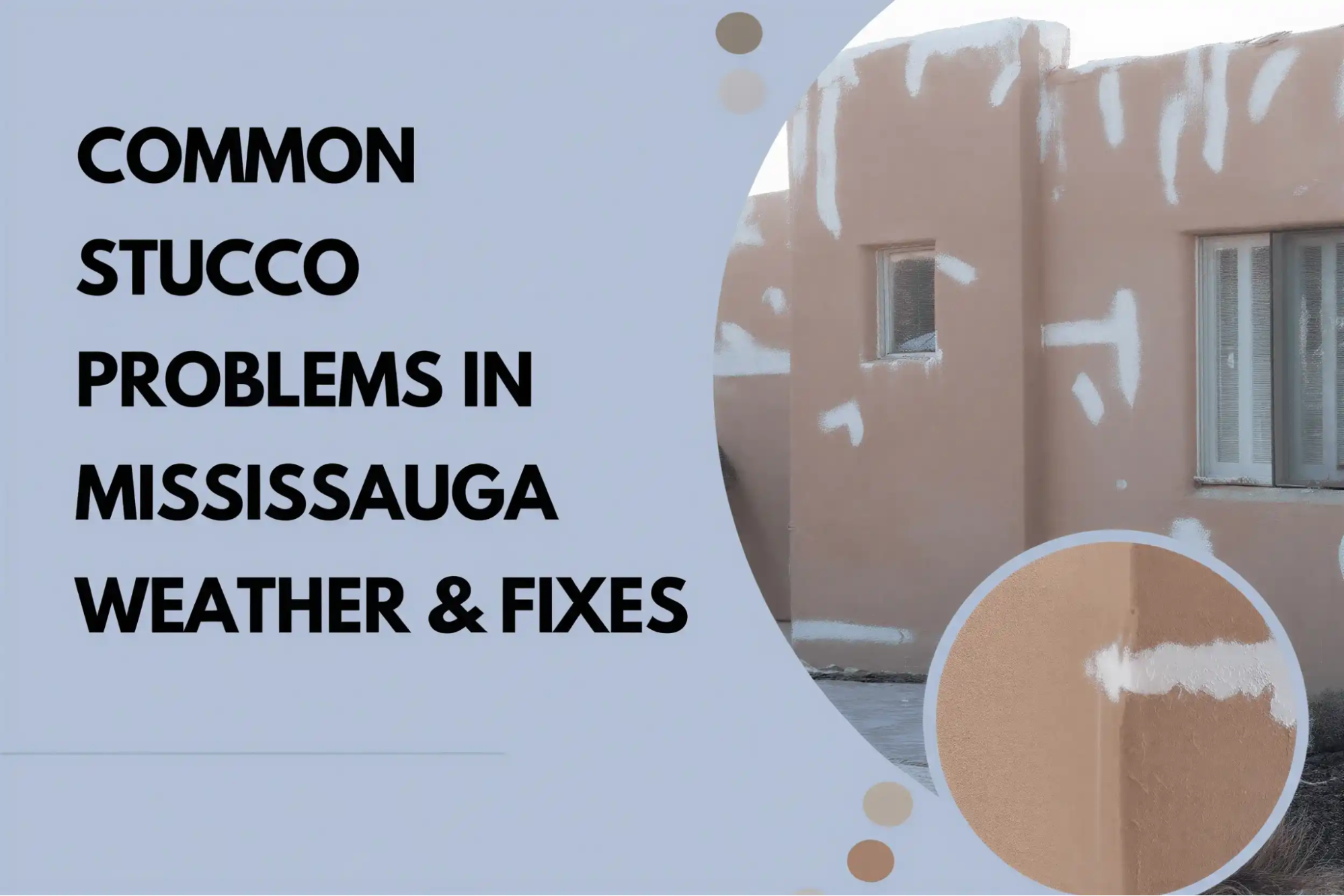 A stucco house exterior with visible repair patches