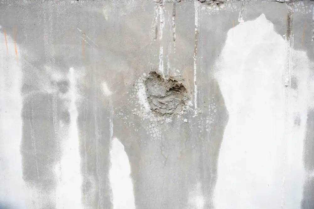 weathered concrete wall with hole water stains